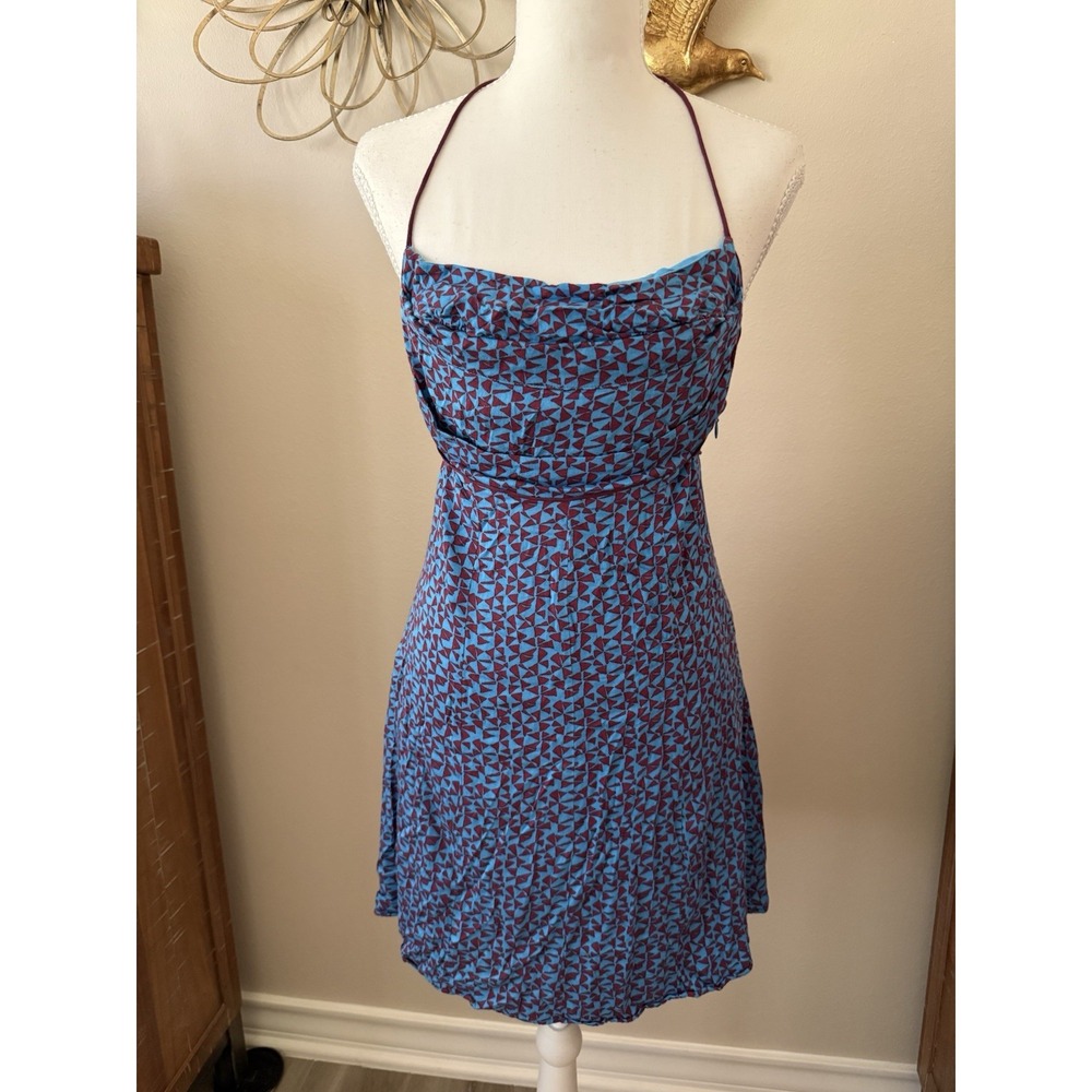 Free People Kai Mini Dress XS Blue Burgundy Cowl Neck Open Back Boho Y2K